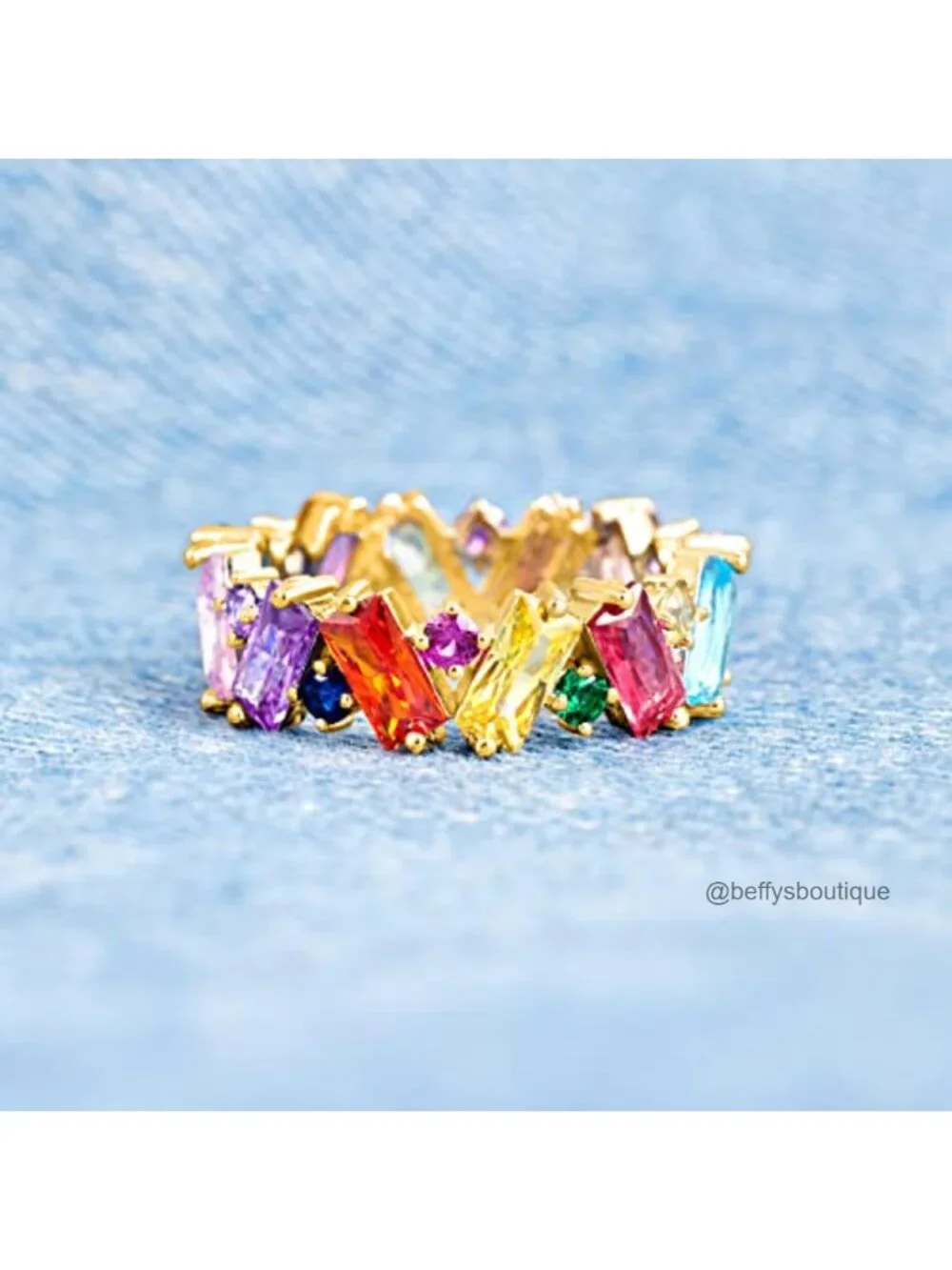 925 Sterling Silver Rainbow Eternity Band Ring for Women - 18K Gold Plated
